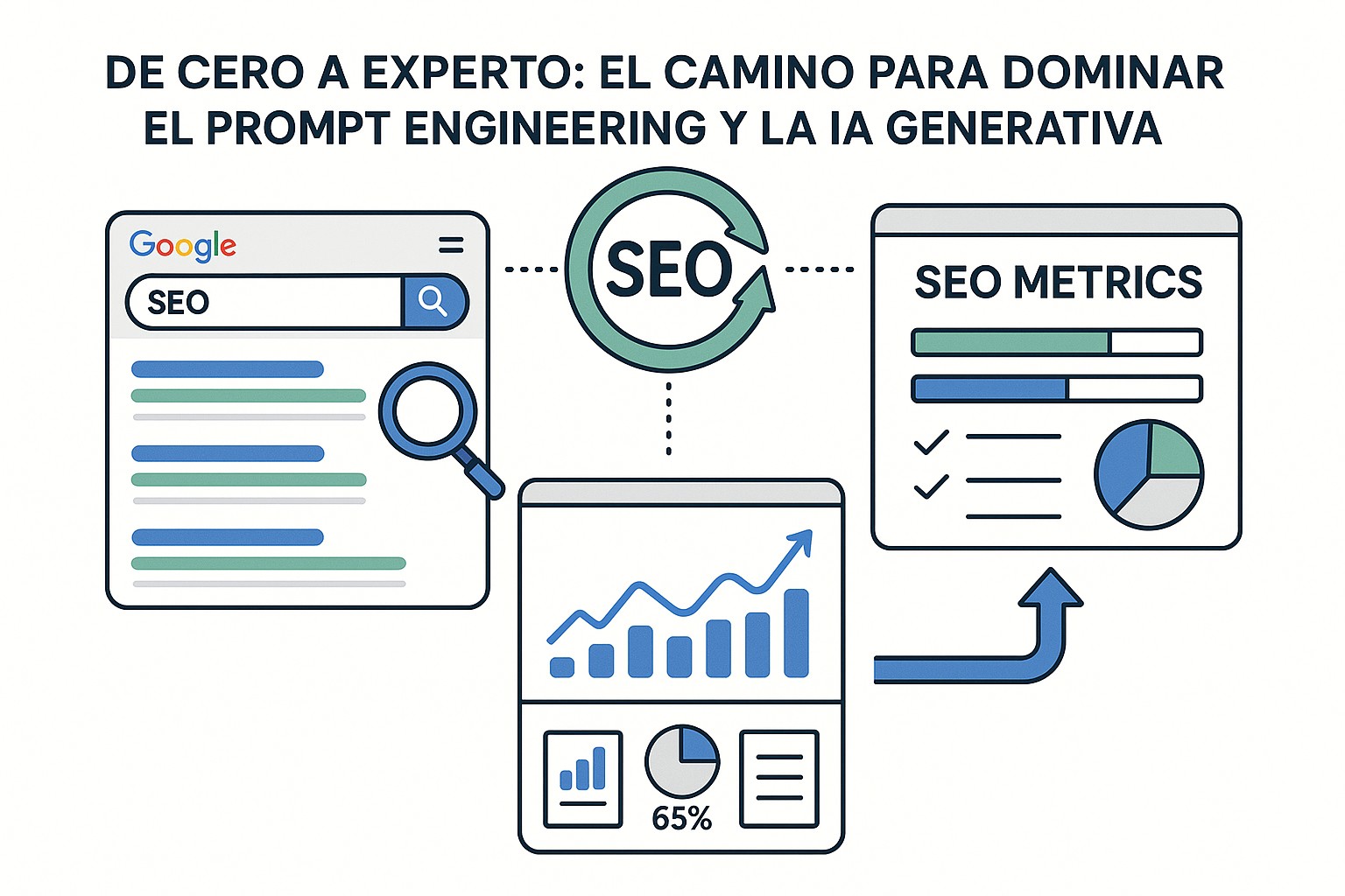 Estudiante concentrado trabajando en un ordenador con diagramas de prompt engineering en pantalla, rodeado de libros y notas.
