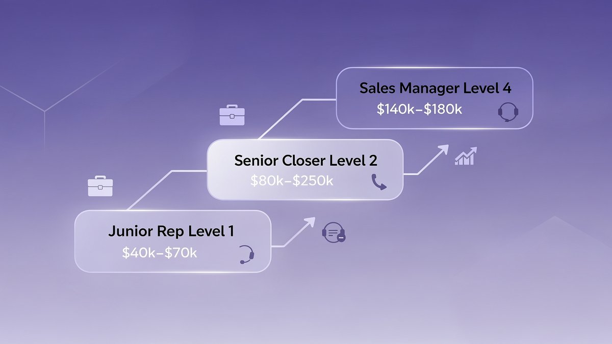 Roadmap de carrera en ventas mostrando los 4 niveles de progresión