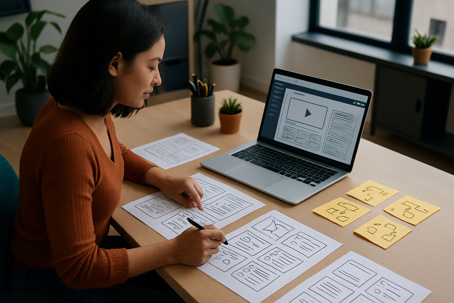 Diseñador instruccional trabajando en un módulo e-learning personalizado con storyboard y herramientas de autoría como Articulate Storyline para una empresa corporativa.