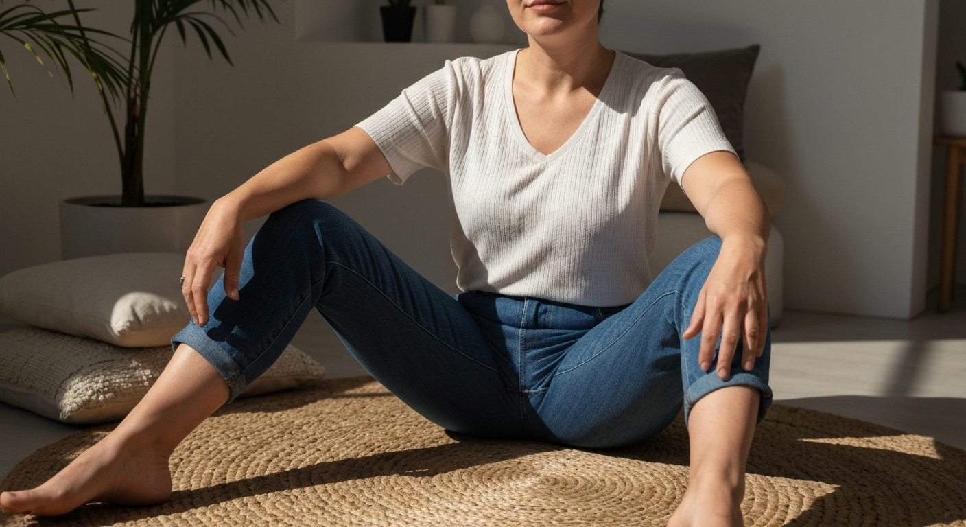 Person in relaxed seated posture, hips open, symbolizing Enneagram Type 9 traits.
