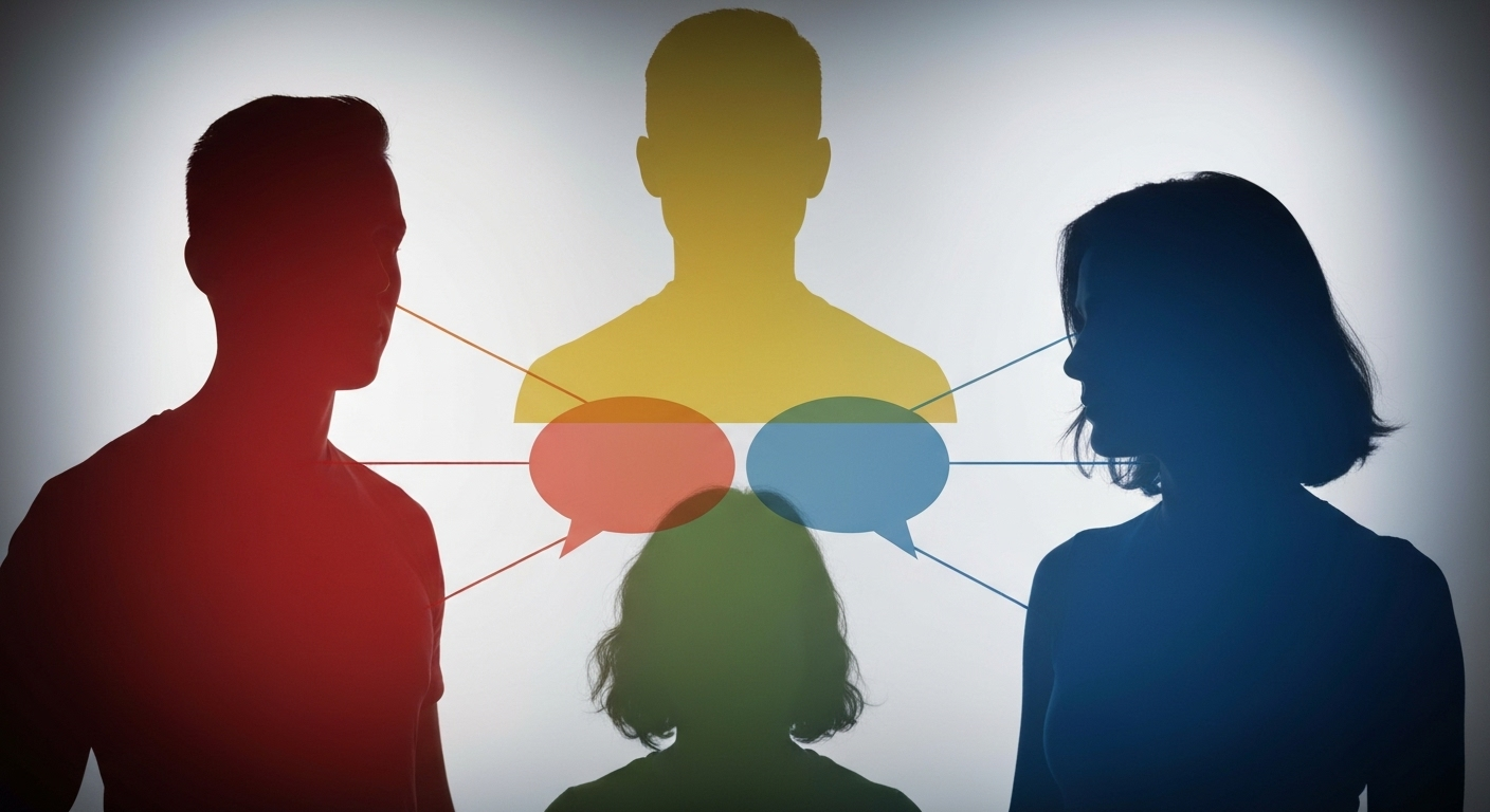 DISC model graphic: Four colored silhouettes communicating, illustrating different communication styles.