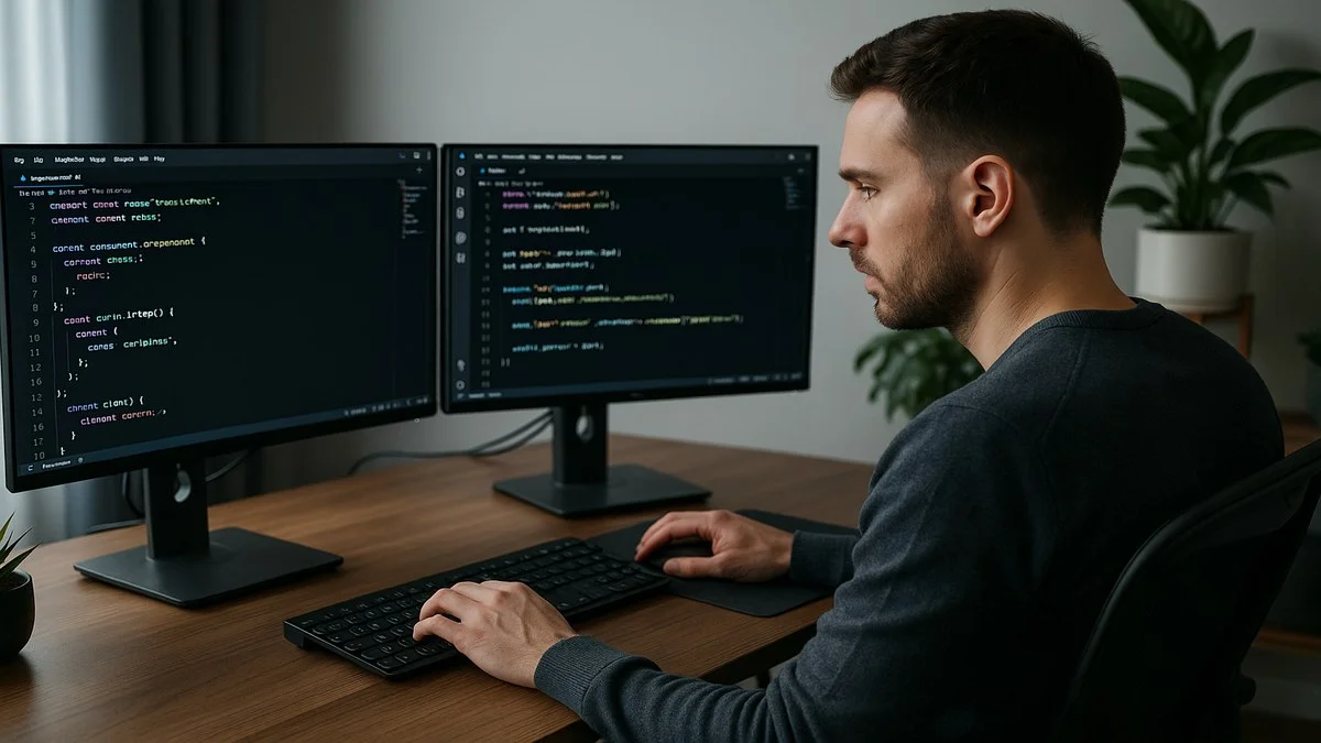 Desarrollador full stack trabajando con m&uacute;ltiples pantallas mostrando c&oacute;digo frontend React y backend Node.js