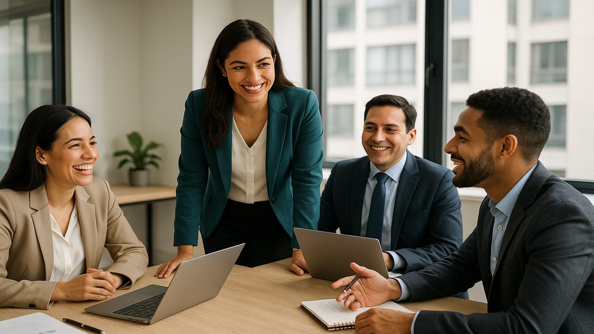 Equipo de profesionales LATAM colaborando en un proyecto, mostrando comunicación efectiva, trabajo en equipo y liderazgo — las habilidades blandas en acción en entorno corporativo moderno