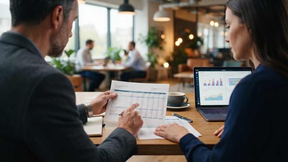 Manos de dos profesionales de finanzas y RRHH revisando una planilla impresa de presupuesto anual de capacitaci&oacute;n sobre una mesa de reuni&oacute;n, junto a una laptop con un gr&aacute;fico de barras.
