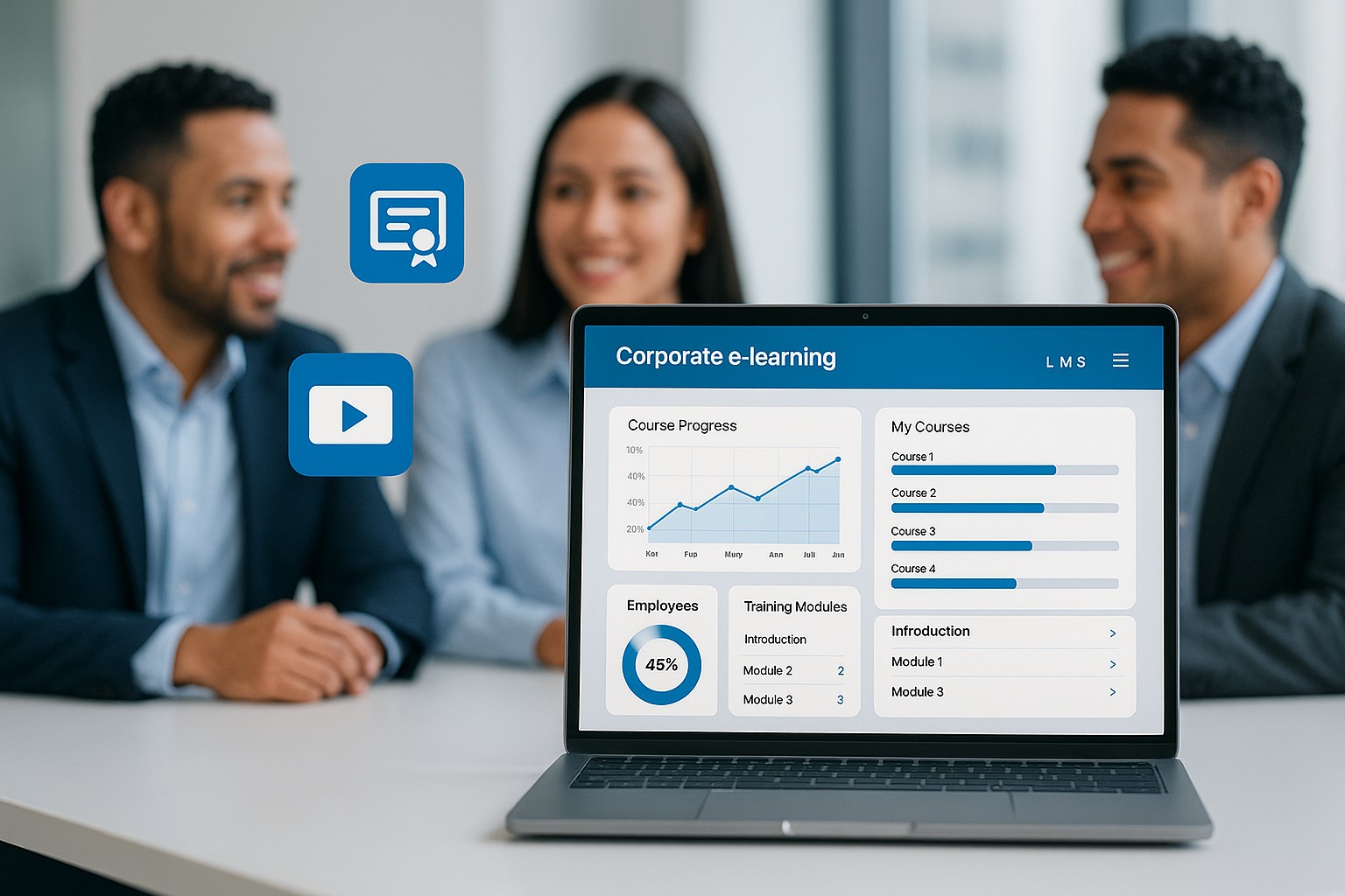 Pantalla de un LMS corporativo mostrando el cat&aacute;logo de cursos asignados a empleados, con barras de avance por m&oacute;dulo y el panel de administraci&oacute;n de usuarios de una empresa.
