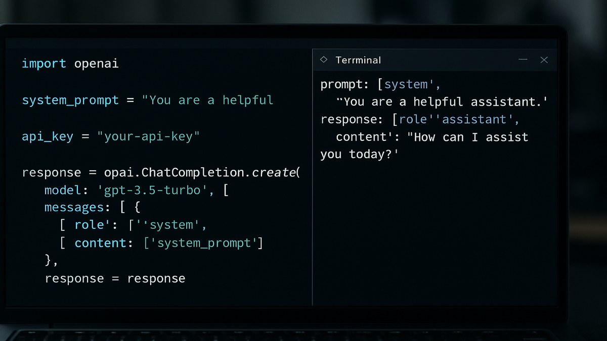Pantalla de terminal con código Python mostrando una función de prompt engineering con system prompt y messages array, con output del modelo en pantalla dividida