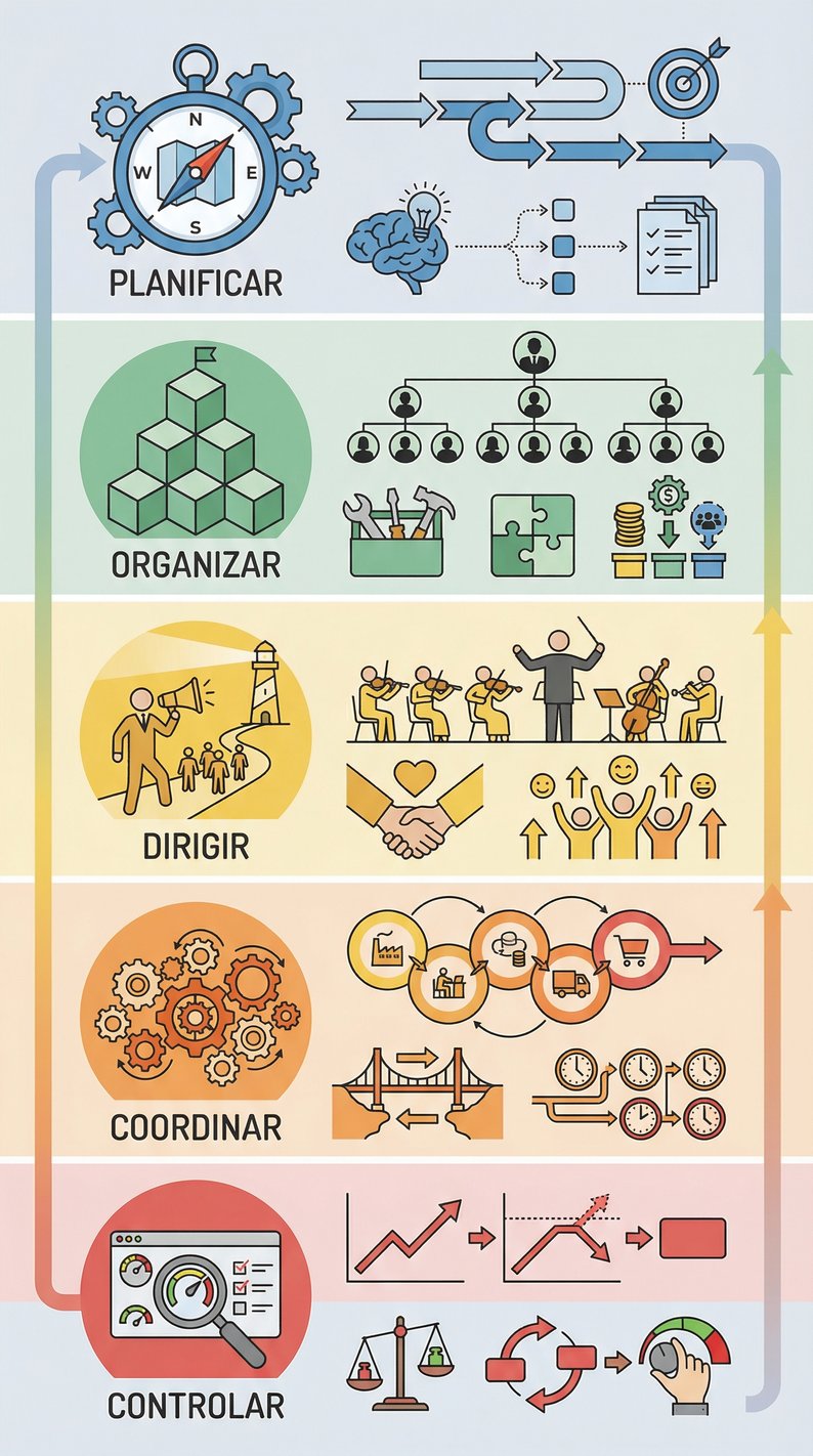 Las 5 funciones de la administración: planificar, organizar, dirigir, coordinar, controlar